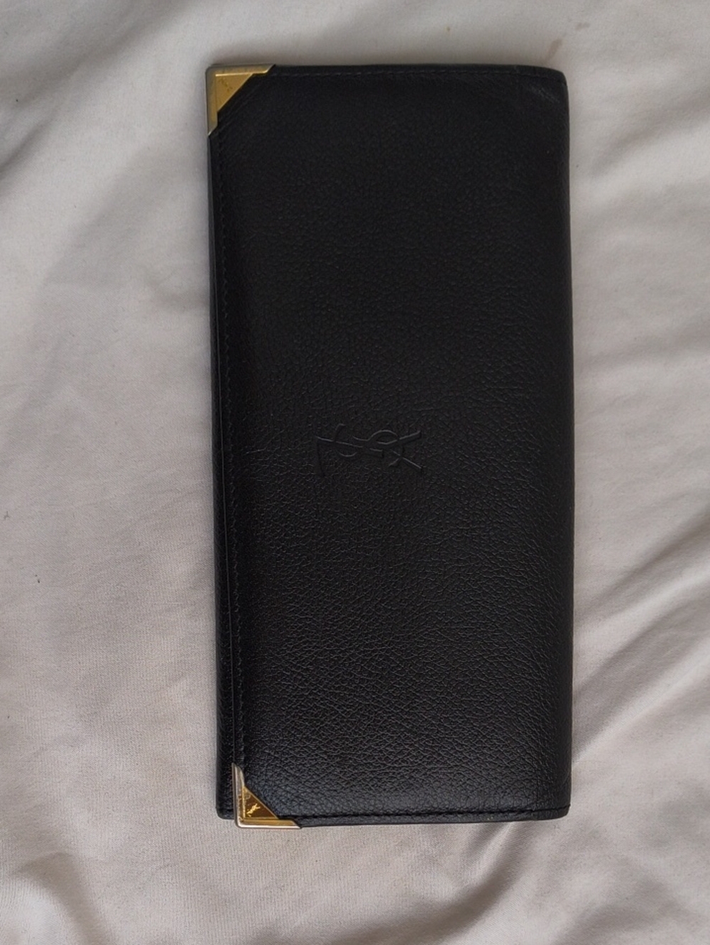 YSL Black Leather Long Wallet with Gold Corner Accents
